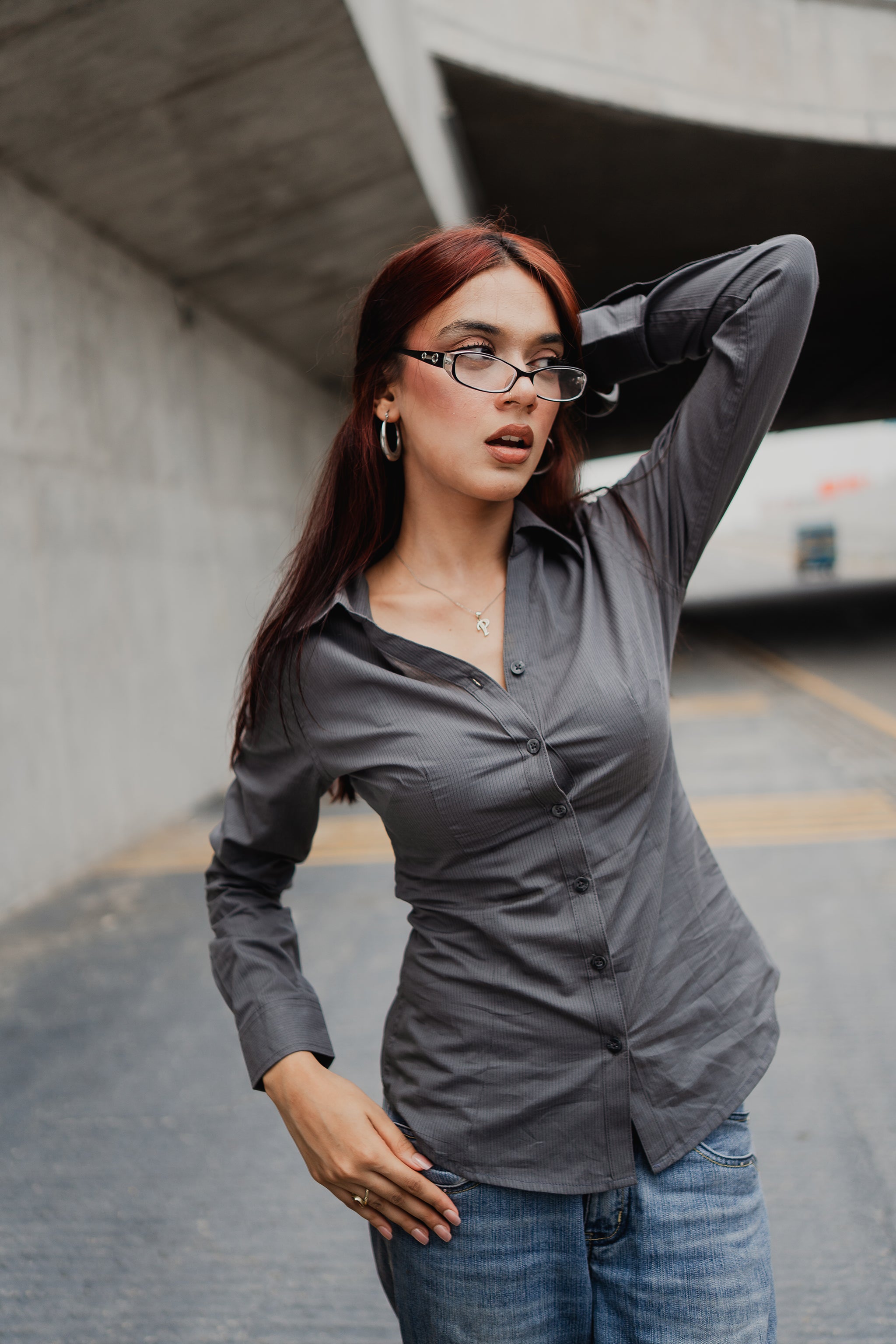 Fitted Shirt For Women -  Grey Pin Stripe