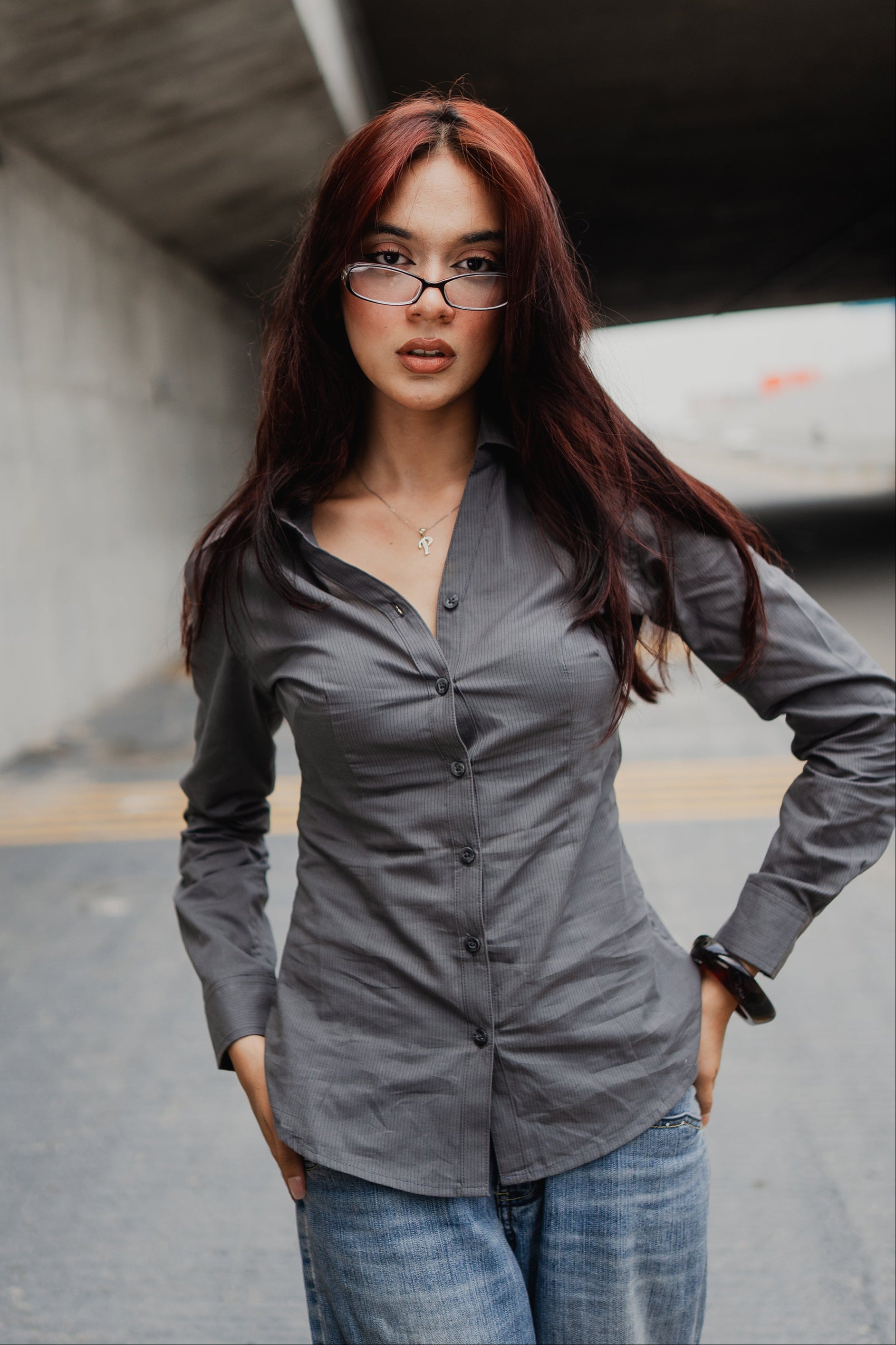 Fitted Shirt For Women -  Grey Pin Stripe