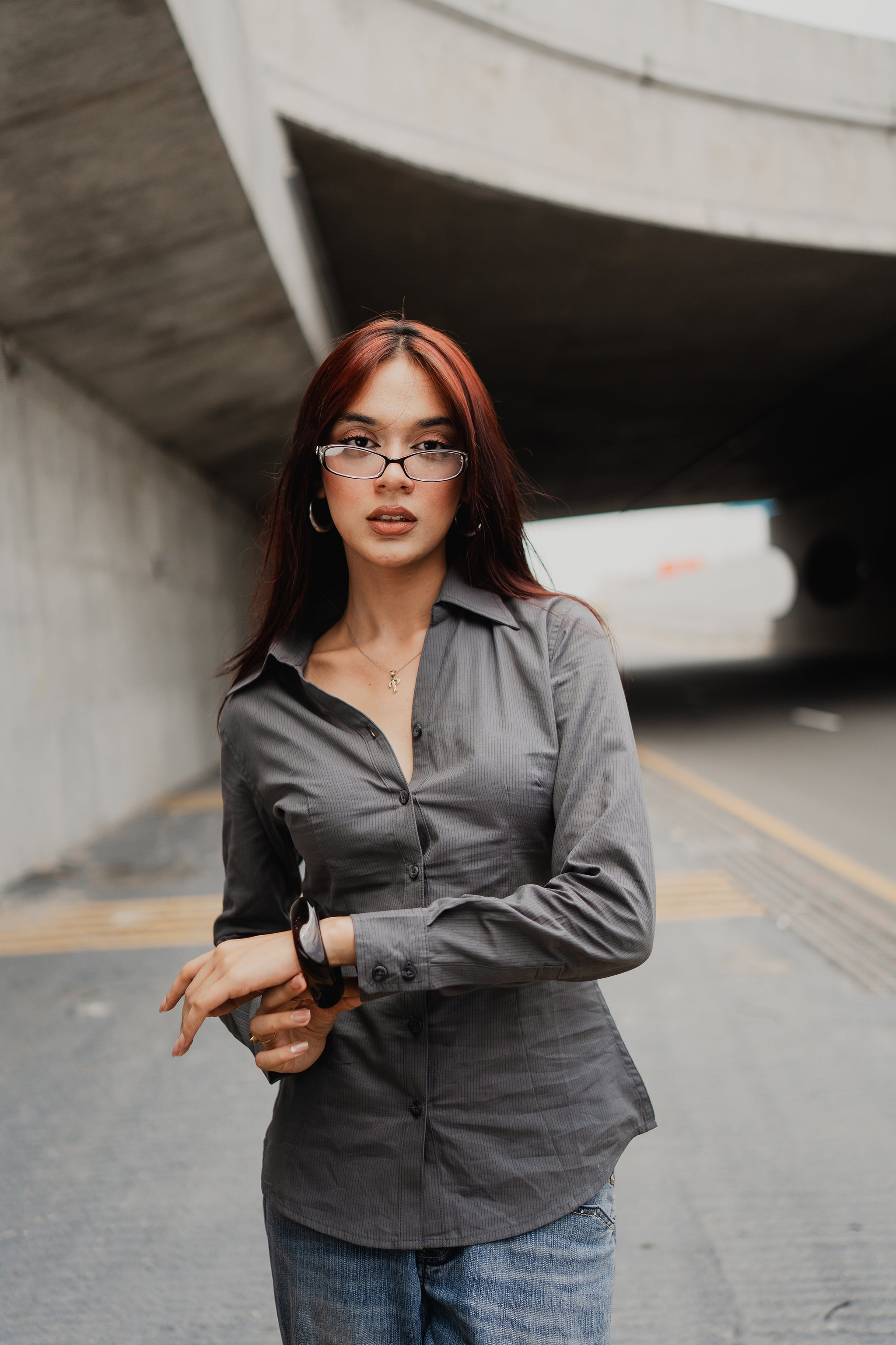 Fitted Shirt For Women -  Grey Pin Stripe