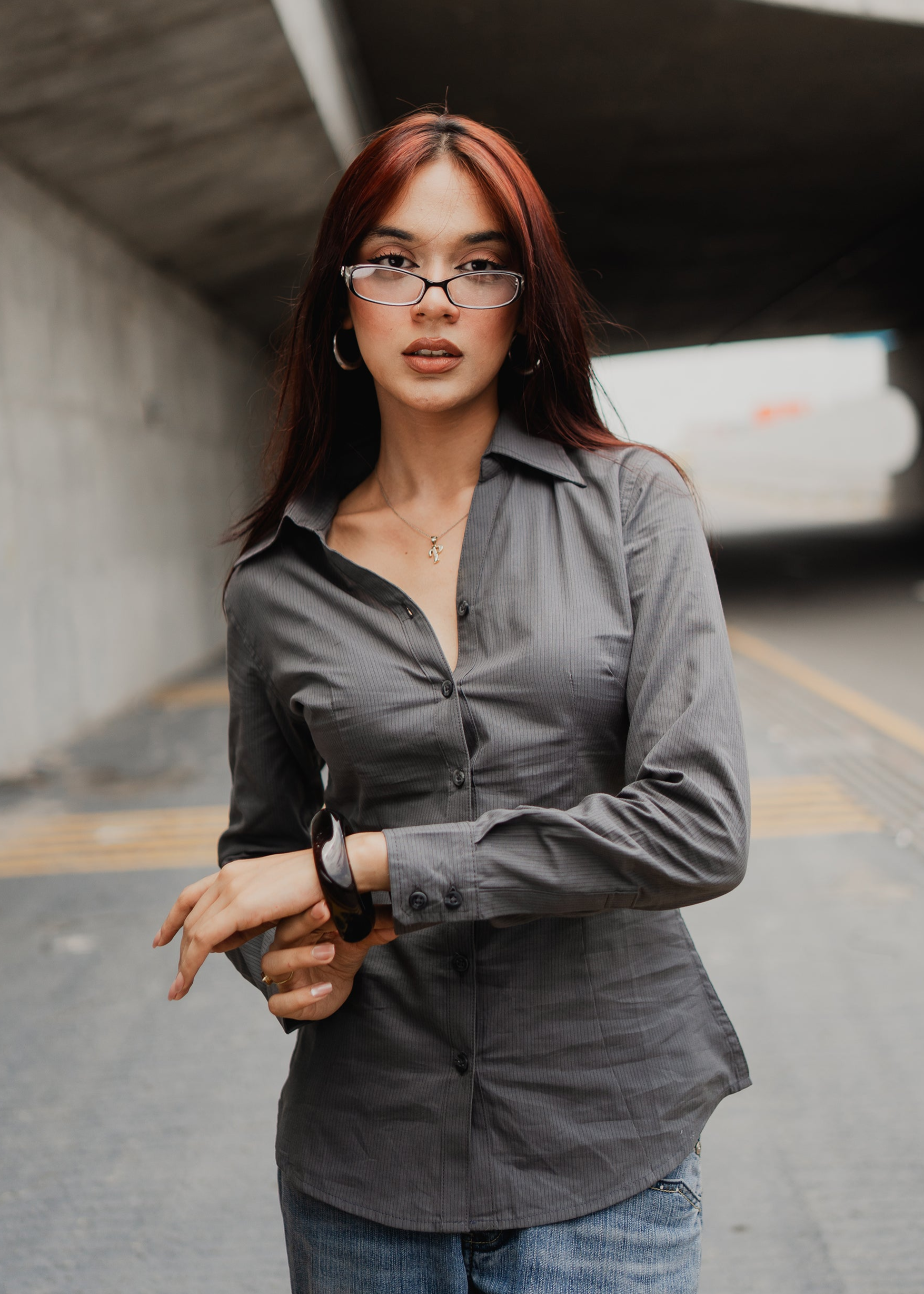 Fitted Shirt For Women -  Grey Pin Stripe