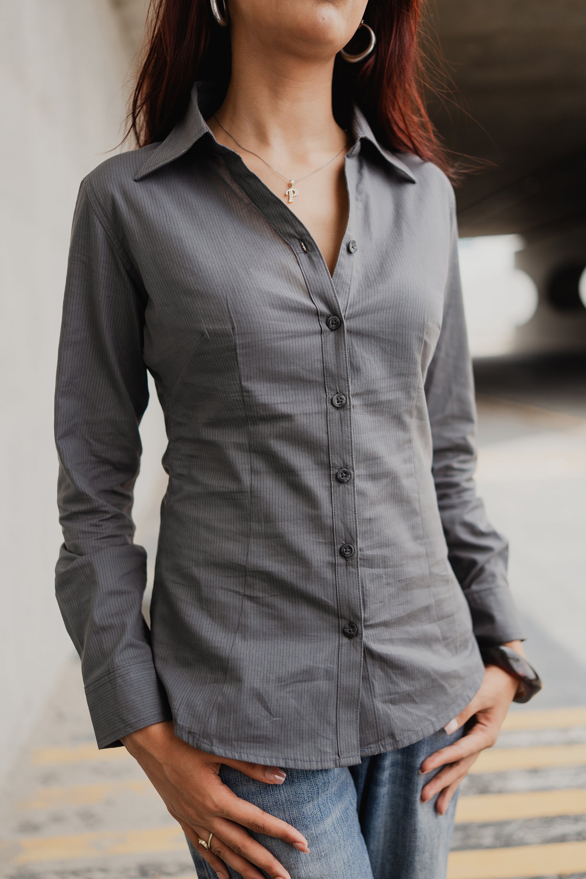 Fitted Shirt For Women -  Grey Pin Stripe