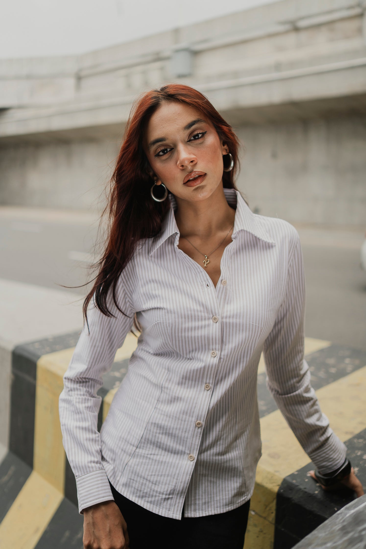 Fitted Shirt For Women -  Ivory and White Stripe