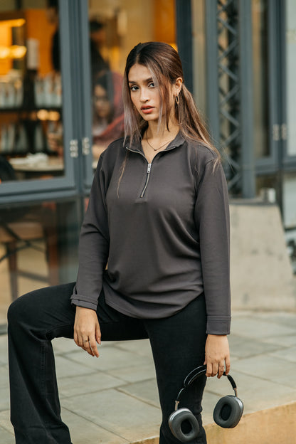 Waffle Zip Henley - Lightweight Jersey Zip - Unisex- Charcoal