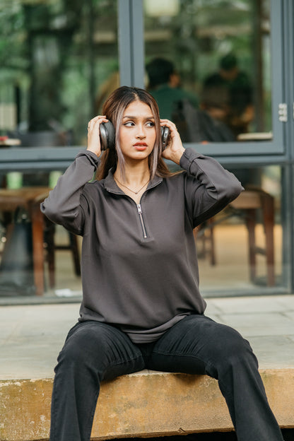 Waffle Zip Henley - Lightweight Jersey Zip - Unisex- Charcoal