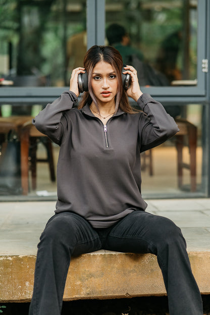 Waffle Zip Henley - Lightweight Jersey Zip - Unisex- Charcoal