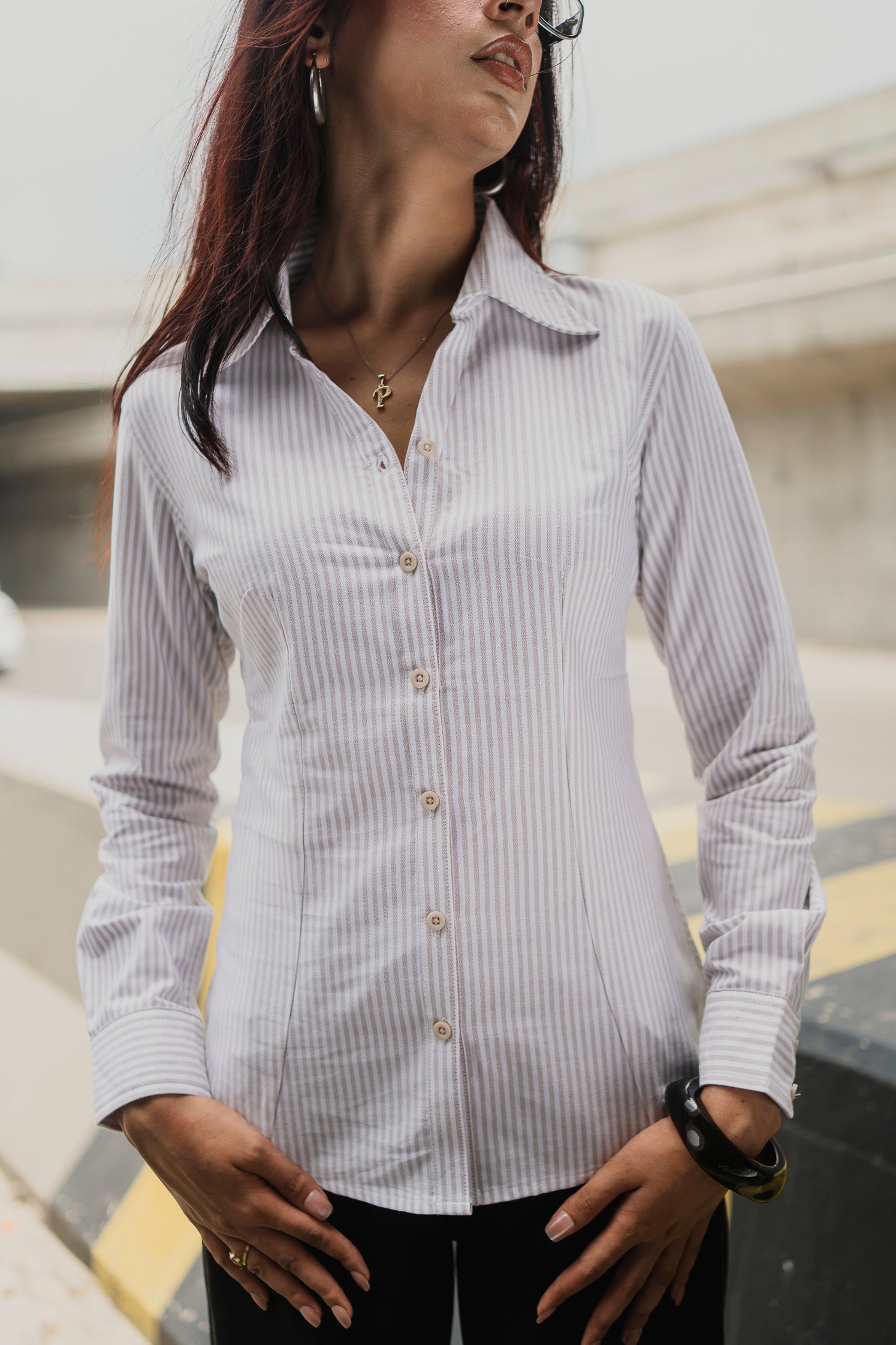 Fitted Shirt For Women -  Ivory and White Stripe