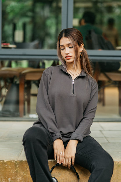 Waffle Zip Henley - Lightweight Jersey Zip - Unisex- Charcoal