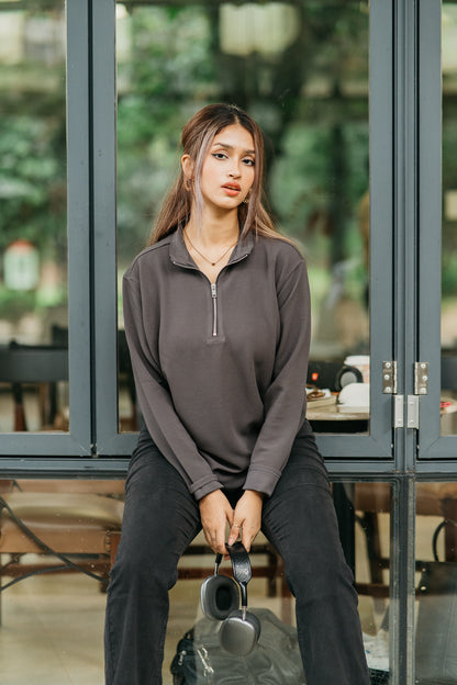 Waffle Zip Henley - Lightweight Jersey Zip - Unisex- Charcoal