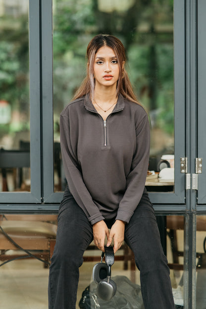 Waffle Zip Henley - Lightweight Jersey Zip - Unisex- Charcoal