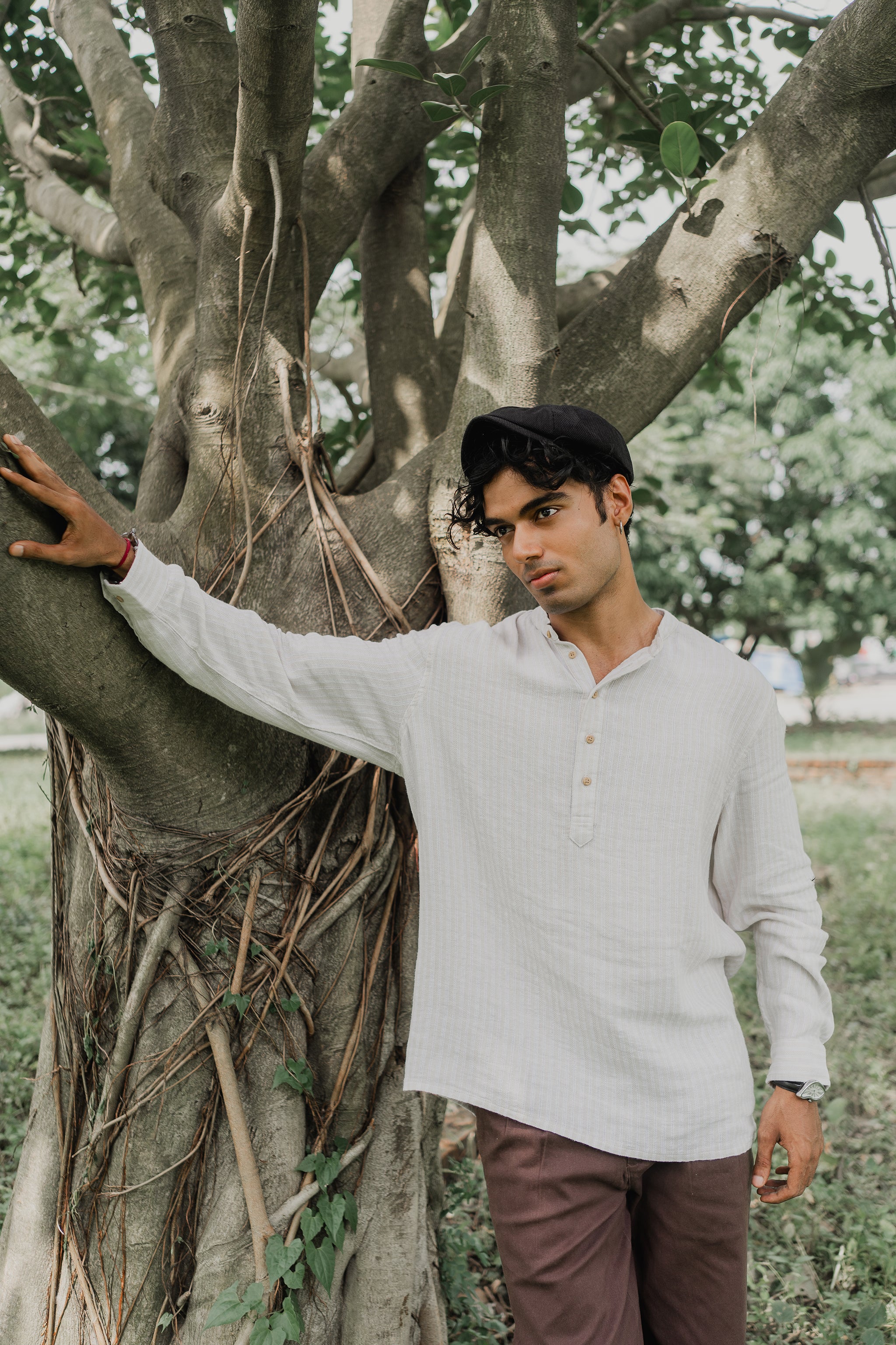 Linen Henley - Katua - For Men - Linear Sand Pattern