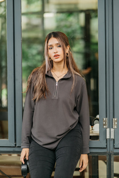 Waffle Zip Henley - Lightweight Jersey Zip - Unisex- Charcoal