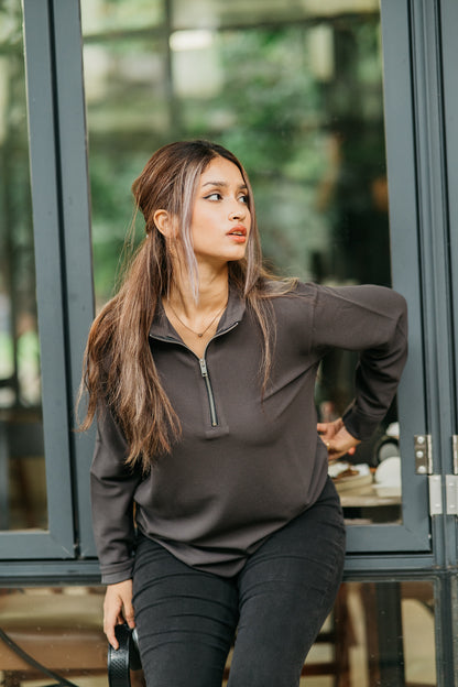 Waffle Zip Henley - Lightweight Jersey Zip - Unisex- Charcoal