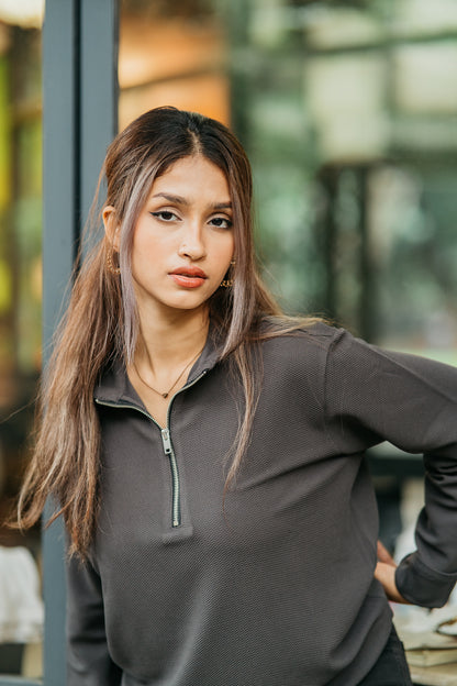 Waffle Zip Henley - Lightweight Jersey Zip - Unisex- Charcoal