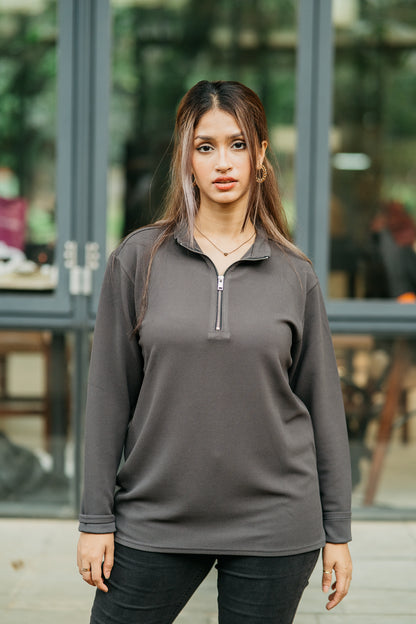Waffle Zip Henley - Lightweight Jersey Zip - Unisex- Charcoal