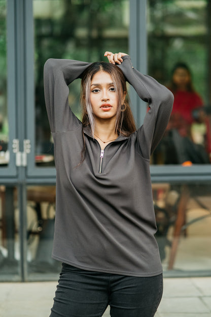 Waffle Zip Henley - Lightweight Jersey Zip - Unisex- Charcoal