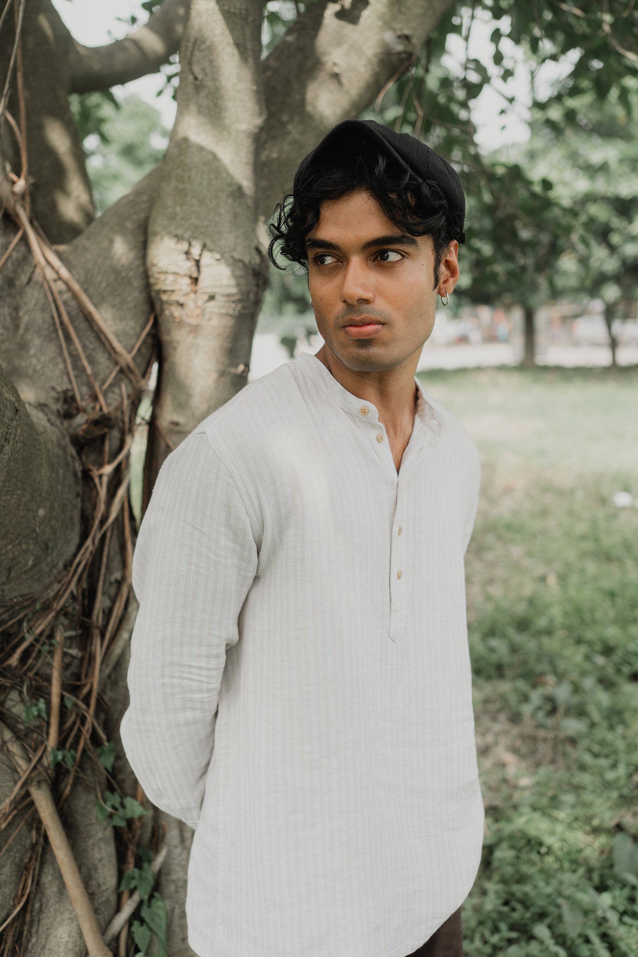 Linen Henley - Katua - For Men - Linear Sand Pattern