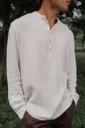 Linen Henley - Katua - For Men - Linear Sand Pattern