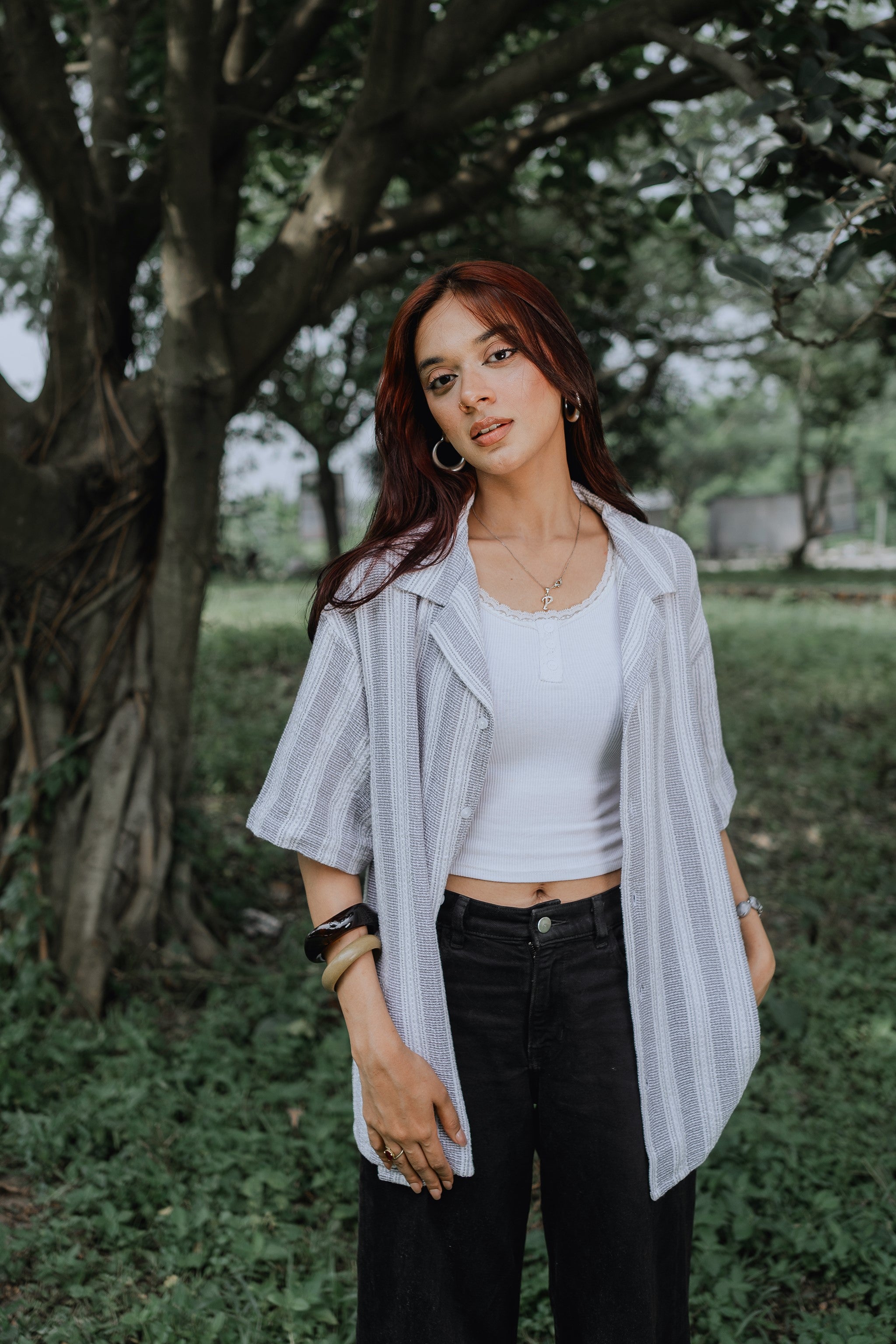 Revere Cuba - Ash Blue and White Stripe Textured Cuba - Revere Shirt - Unisex