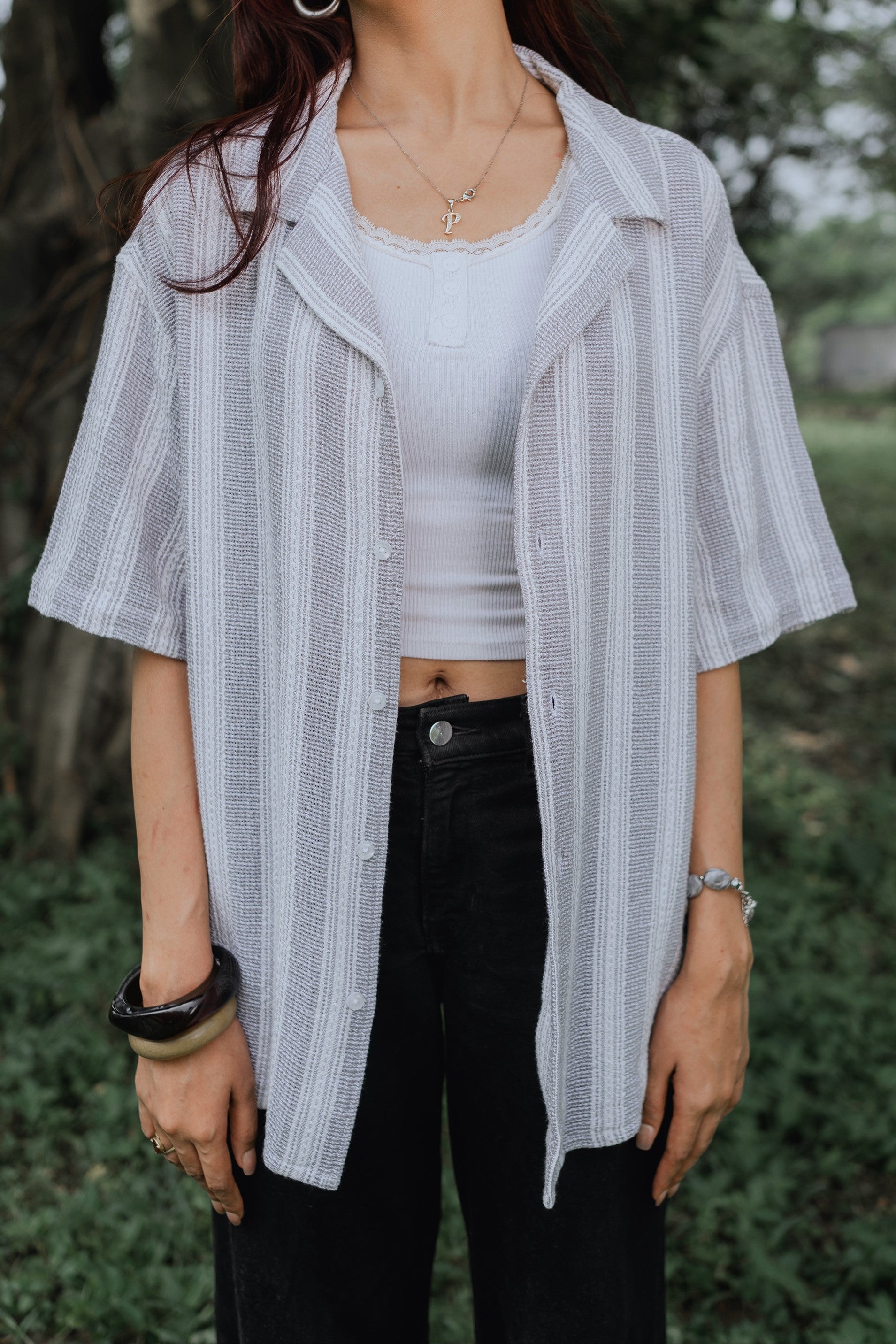 Revere Cuba - Ash Blue and White Stripe Textured Cuba - Revere Shirt - Unisex