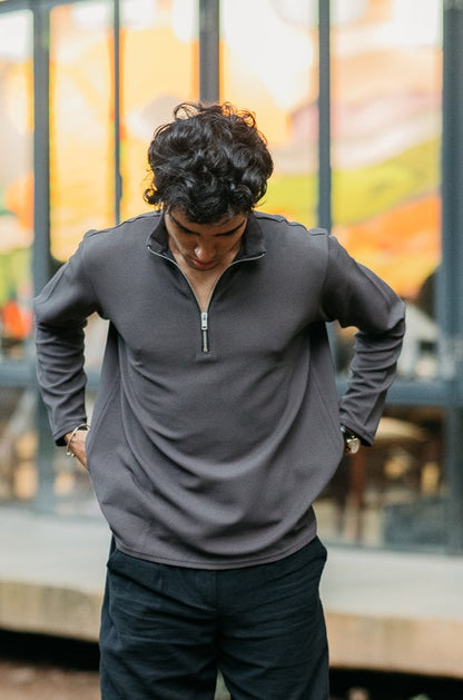 Waffle Zip Henley - Lightweight Jersey Zip - Charcoal