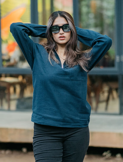 Half Zip Flannel - Unisex - Navy