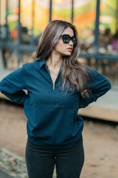 Half Zip Flannel - Unisex - Navy
