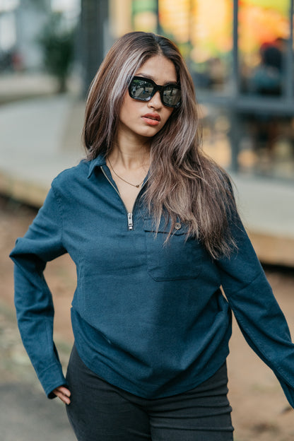 Half Zip Flannel - Unisex - Navy
