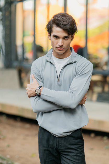 Waffle Zip Henley - Lightweight Jersey Zip - Ash