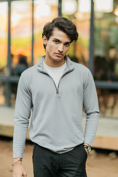 Waffle Zip Henley - Lightweight Jersey Zip - Ash