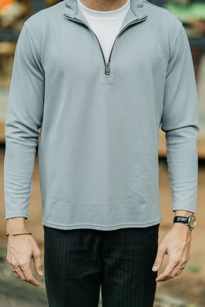 Waffle Zip Henley - Lightweight Jersey Zip - Ash