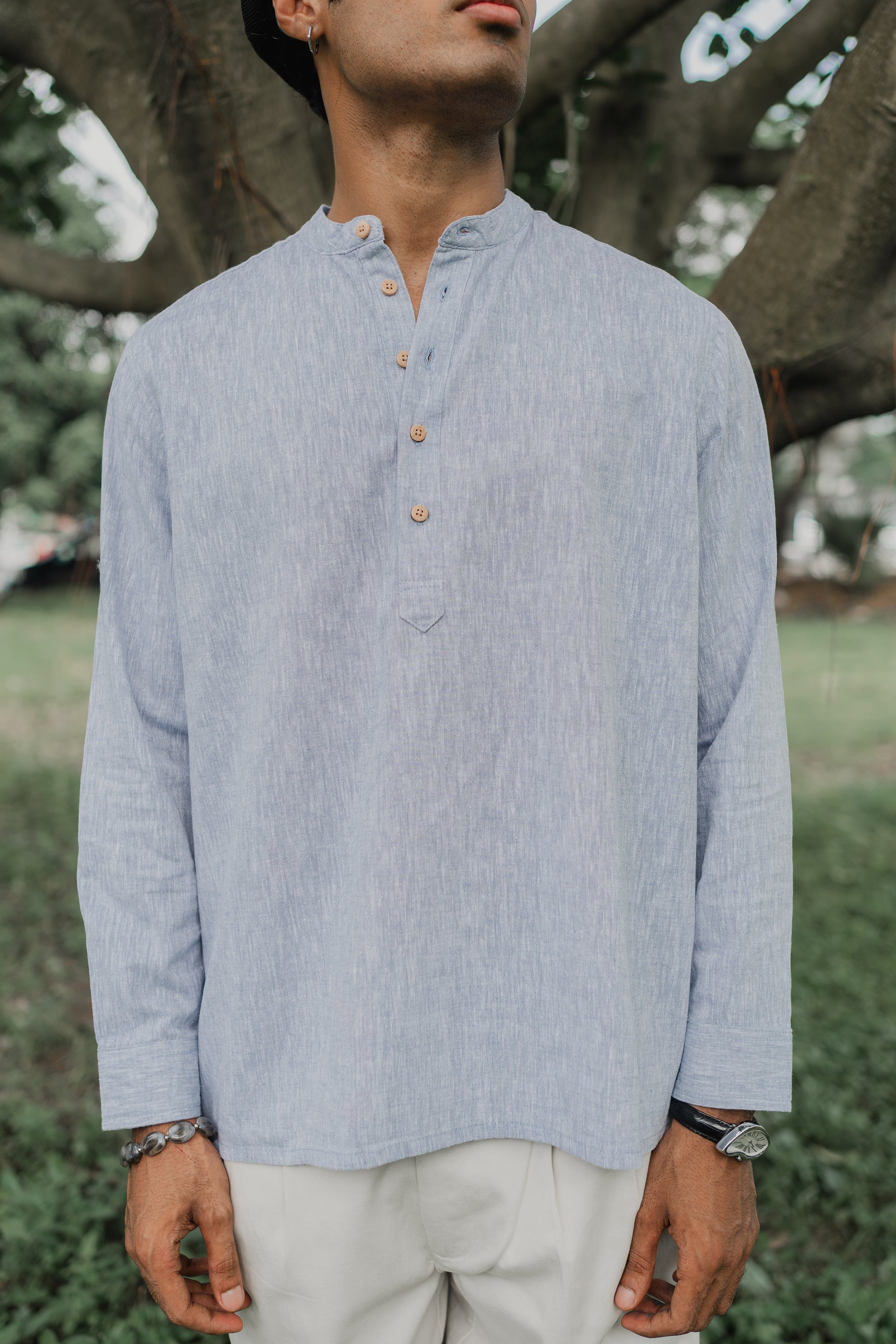 Linen Henley - Katua - For Men - Dusty Blue Weave