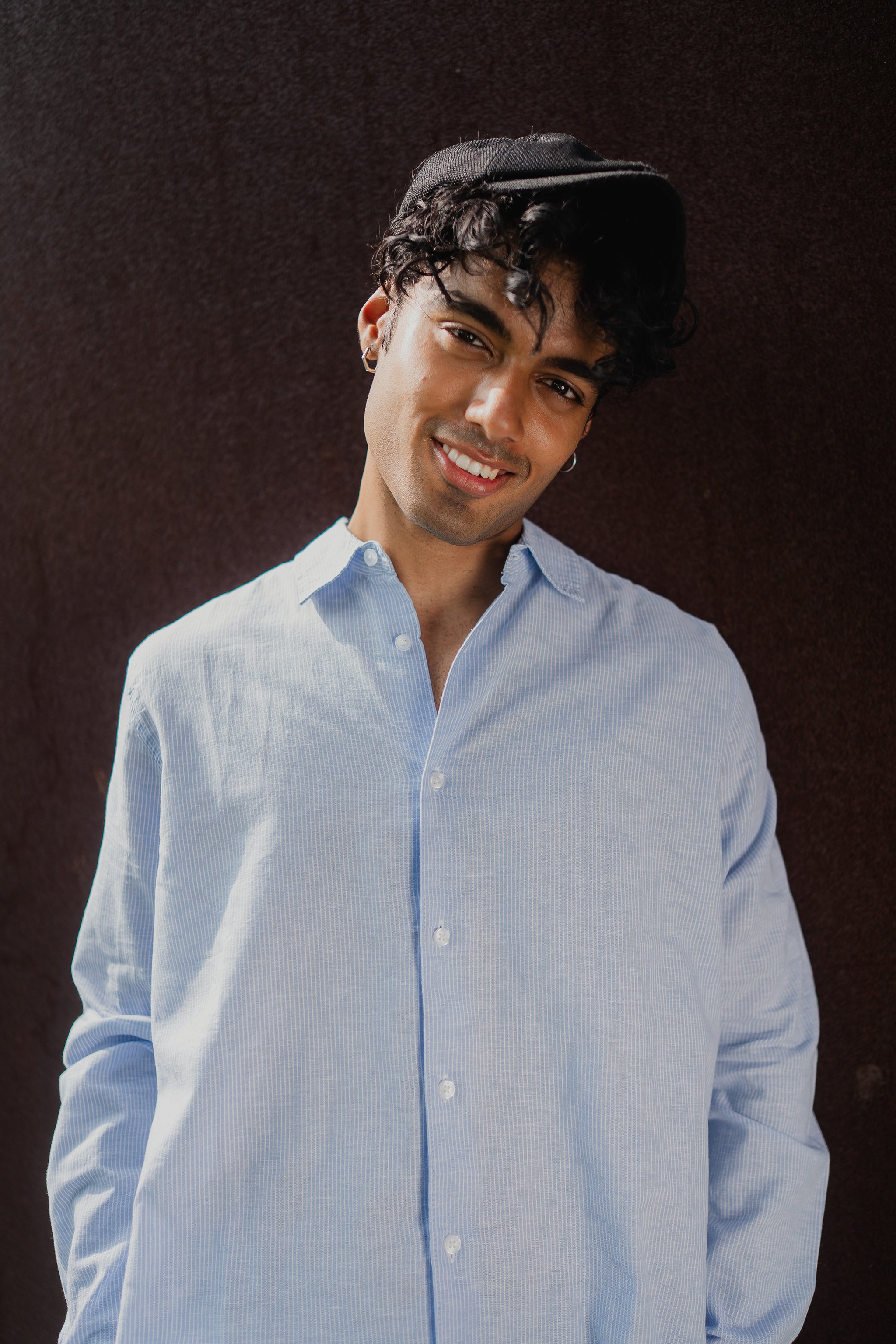 Long Sleeve Shirt for Men - Light Blue and White Thin Stripe