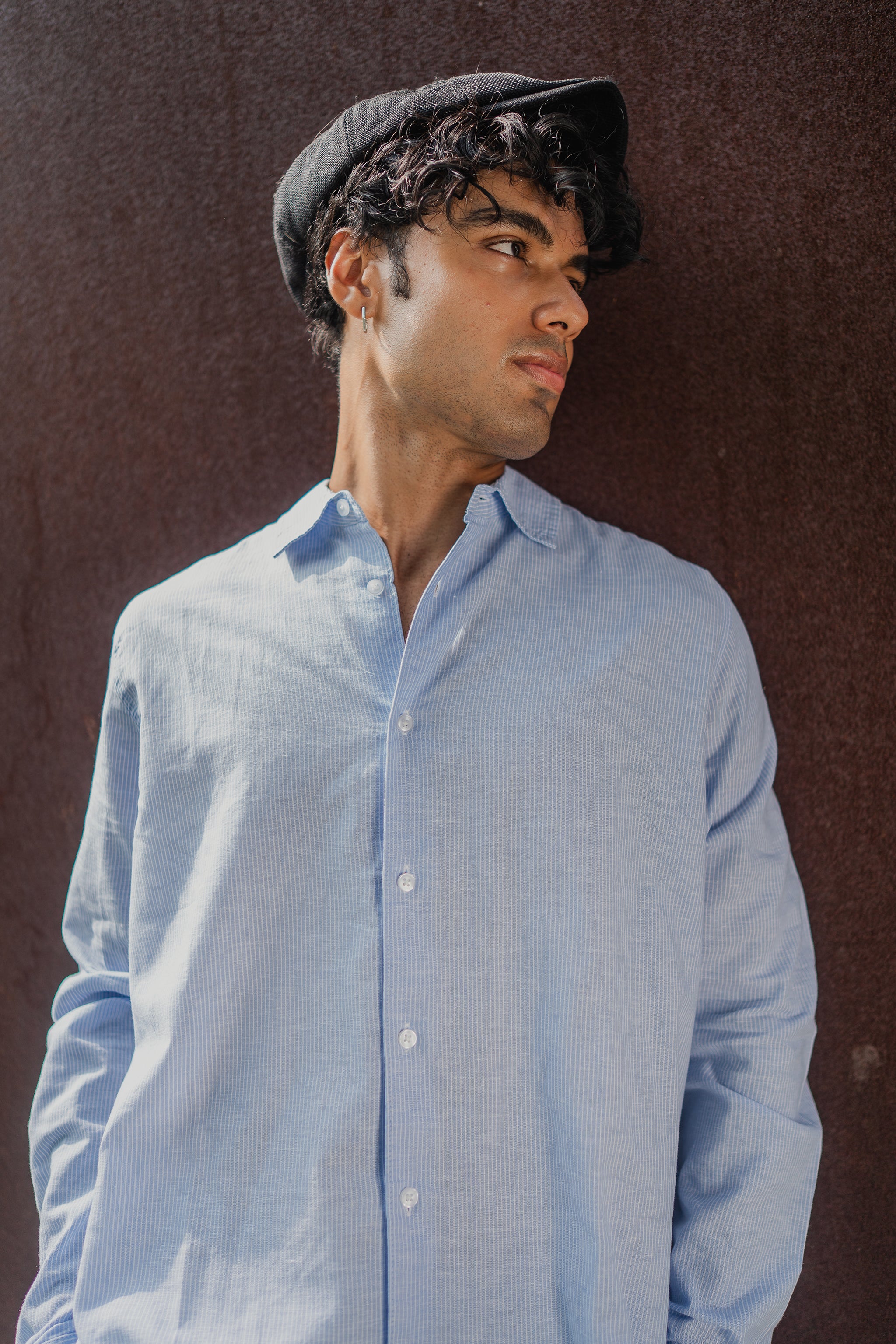 Long Sleeve Shirt for Men - Light Blue and White Thin Stripe