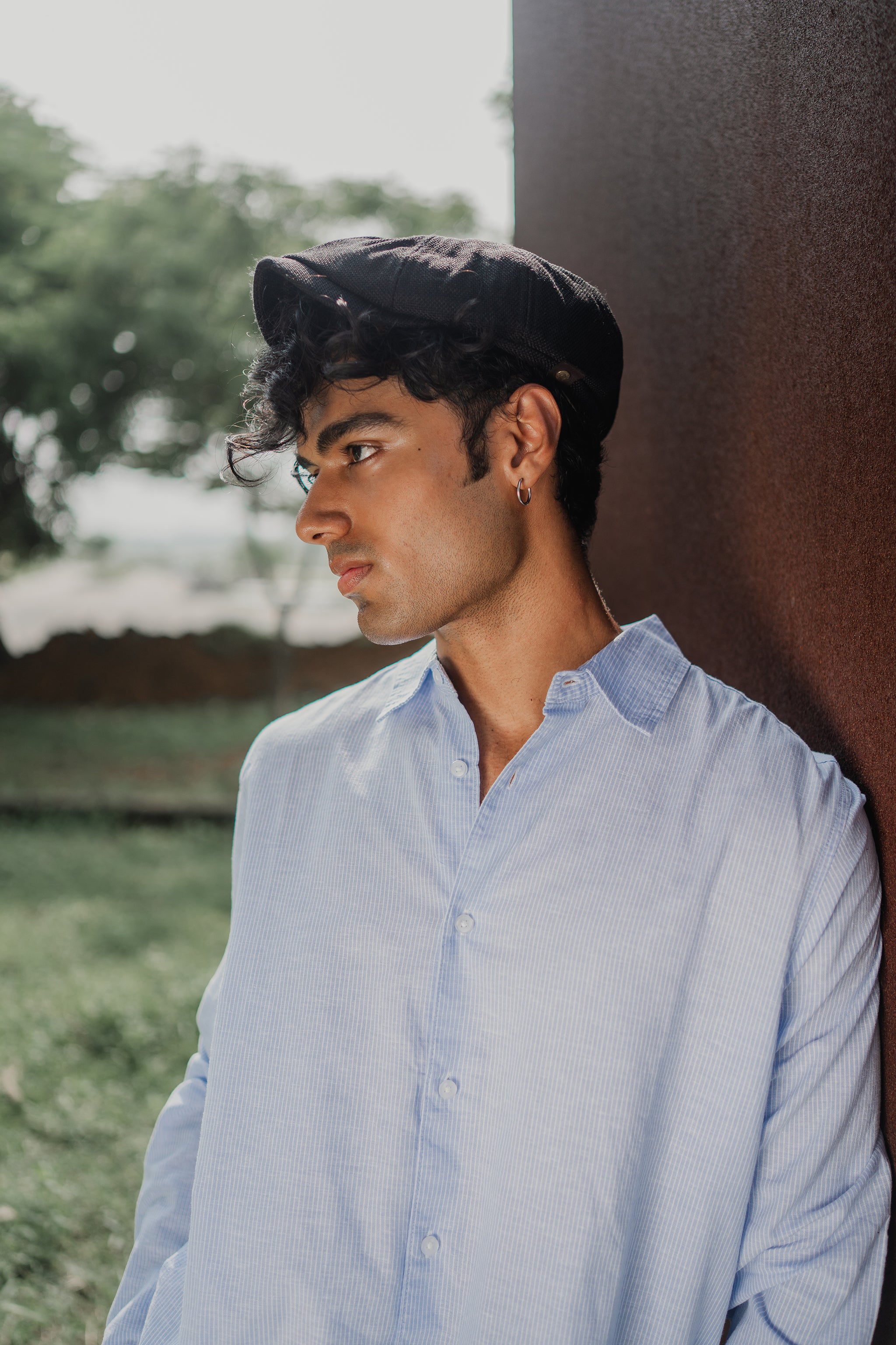 Long Sleeve Shirt for Men - Light Blue and White Thin Stripe