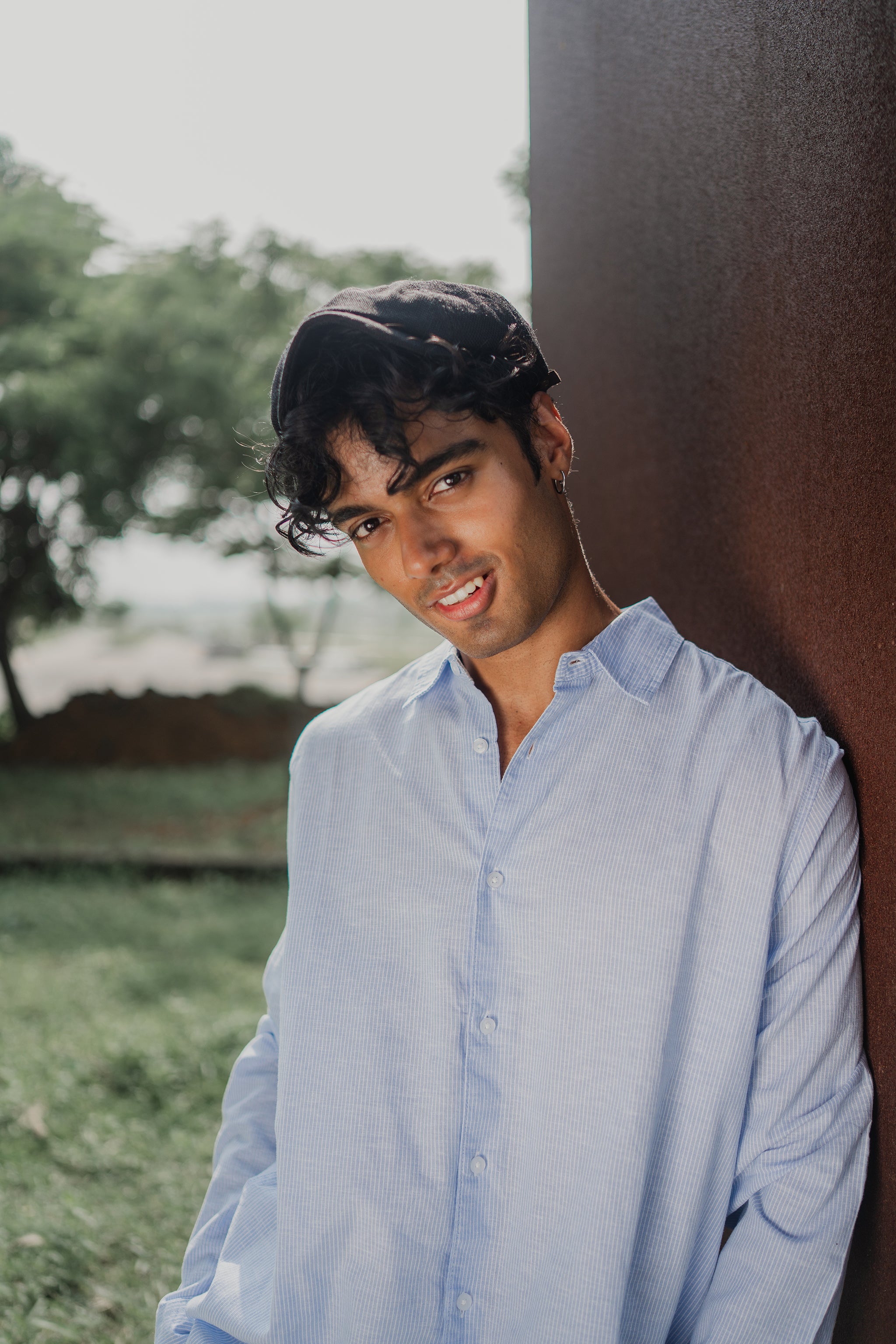 Long Sleeve Shirt for Men - Light Blue and White Thin Stripe