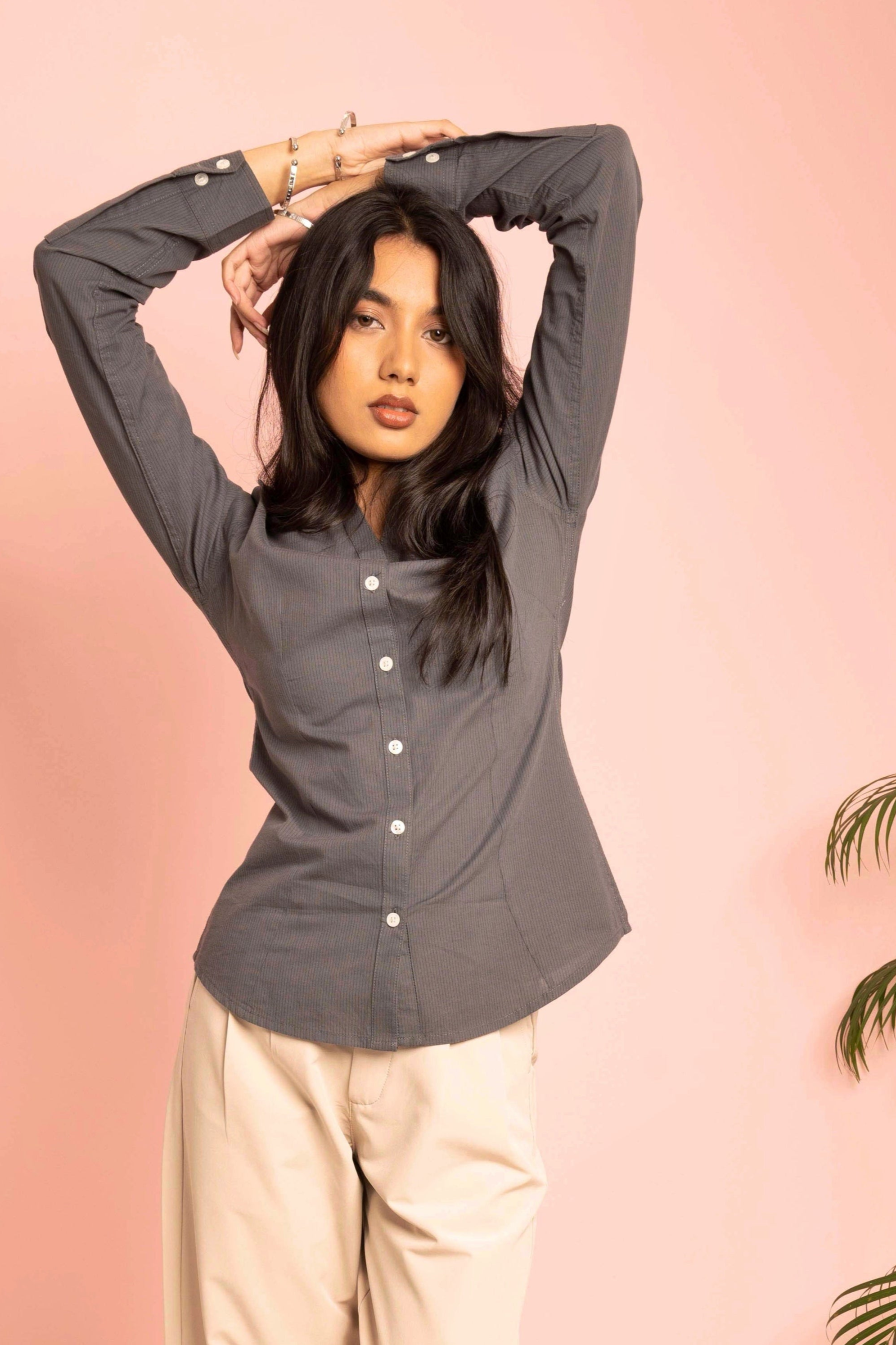 Fitted Shirt For Women -  Grey Pin Stripe