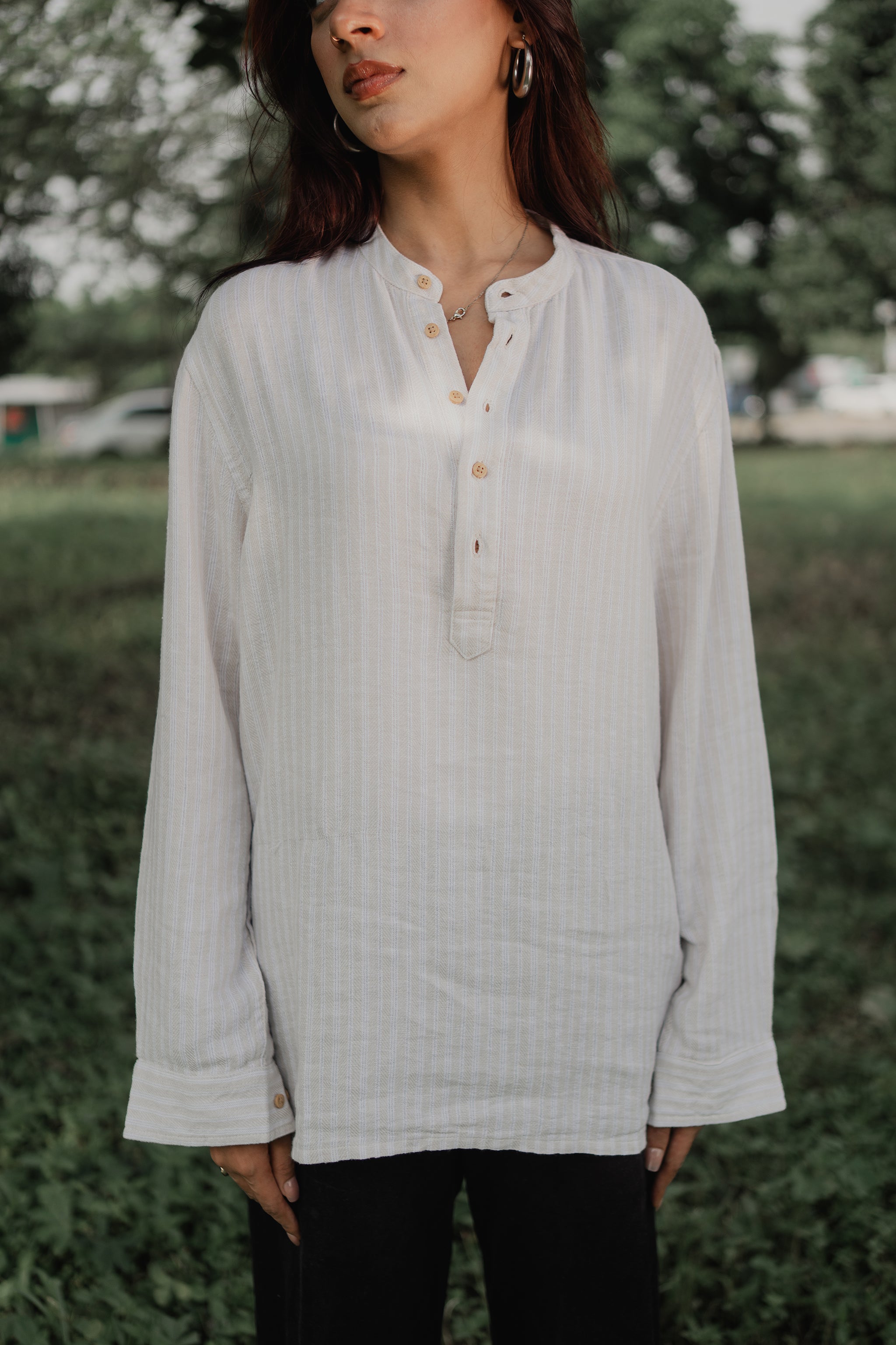 Linen Henley - Katua - Unisex - Linear Sand Pattern