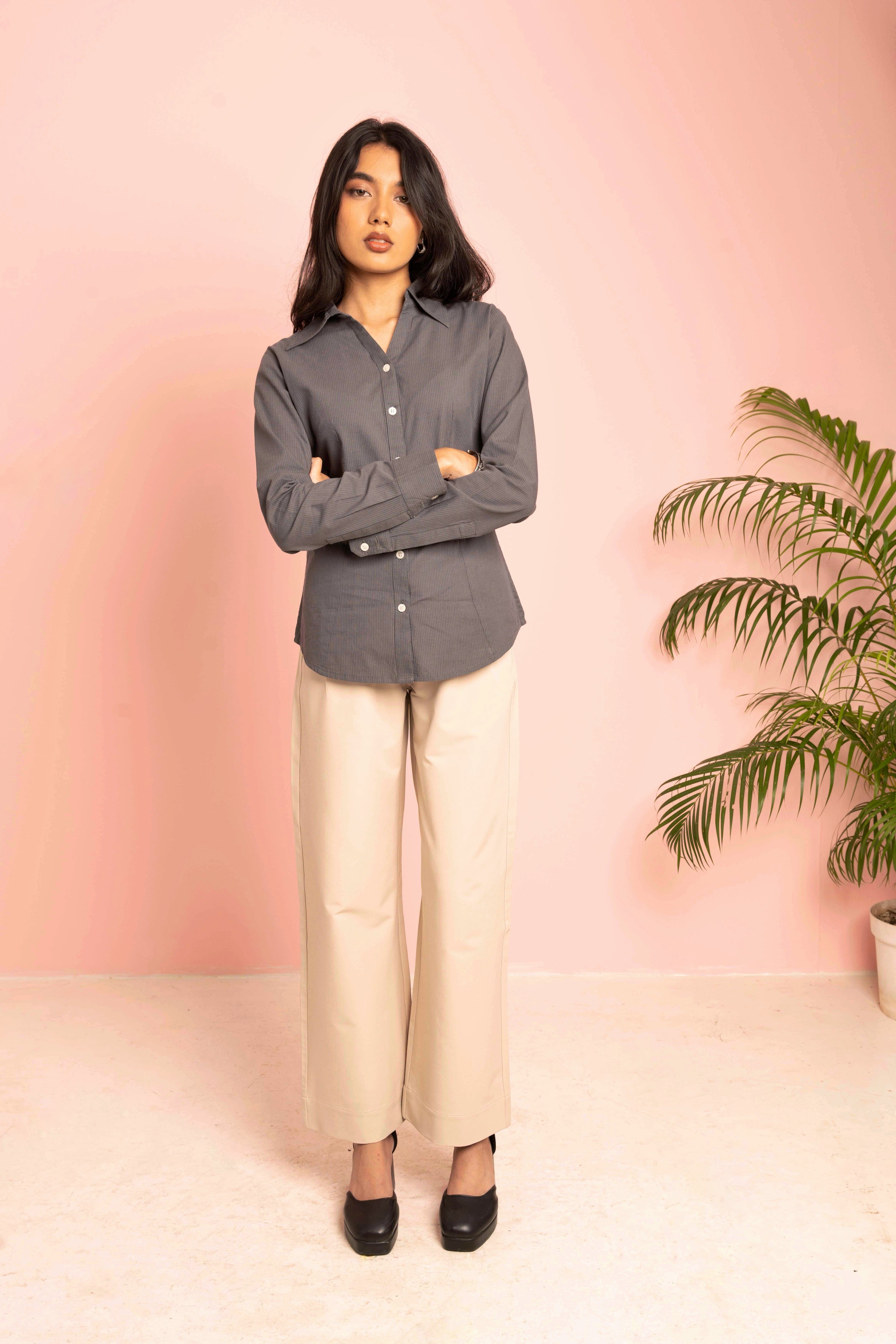 Fitted Shirt For Women -  Grey Pin Stripe