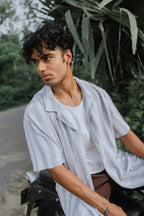 Revere Cuba - Ash Blue and White Stripe Textured Cuba - Revere Shirt For Men