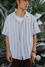 Revere Cuba - Ash Blue and White Stripe Textured Cuba - Revere Shirt For Men