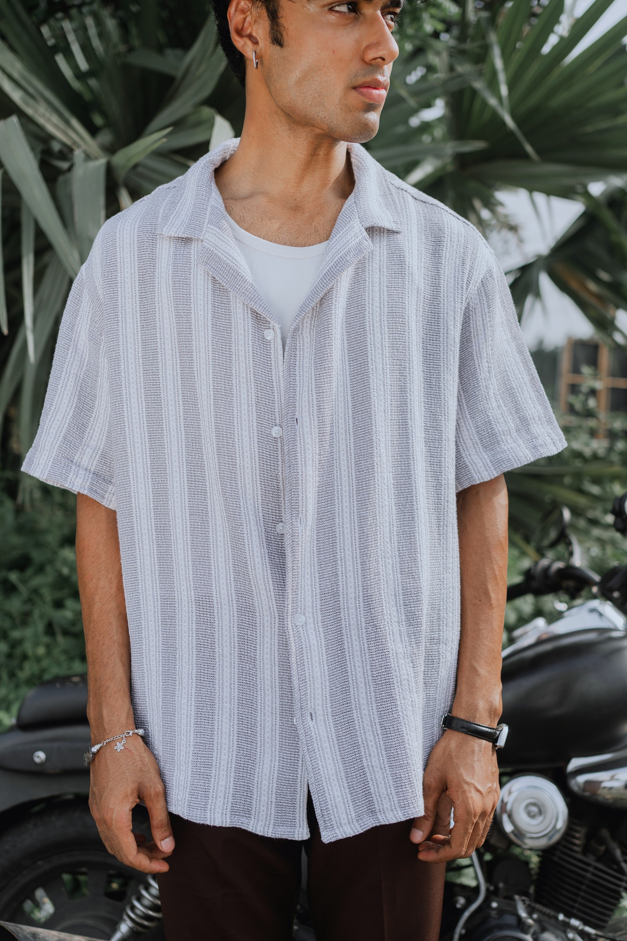 Revere Cuba - Ash Blue and White Stripe Textured Cuba - Revere Shirt For Men