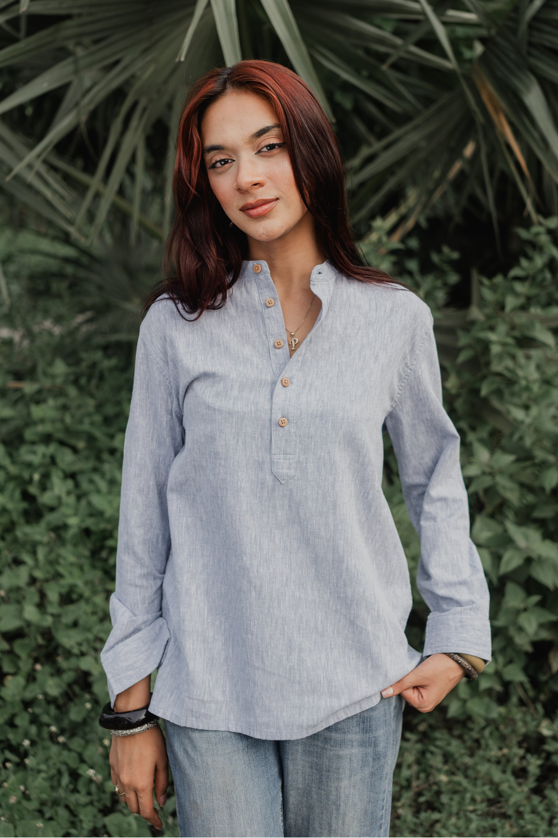 Linen Henley - Katua - Unisex - Dusty Blue Weave