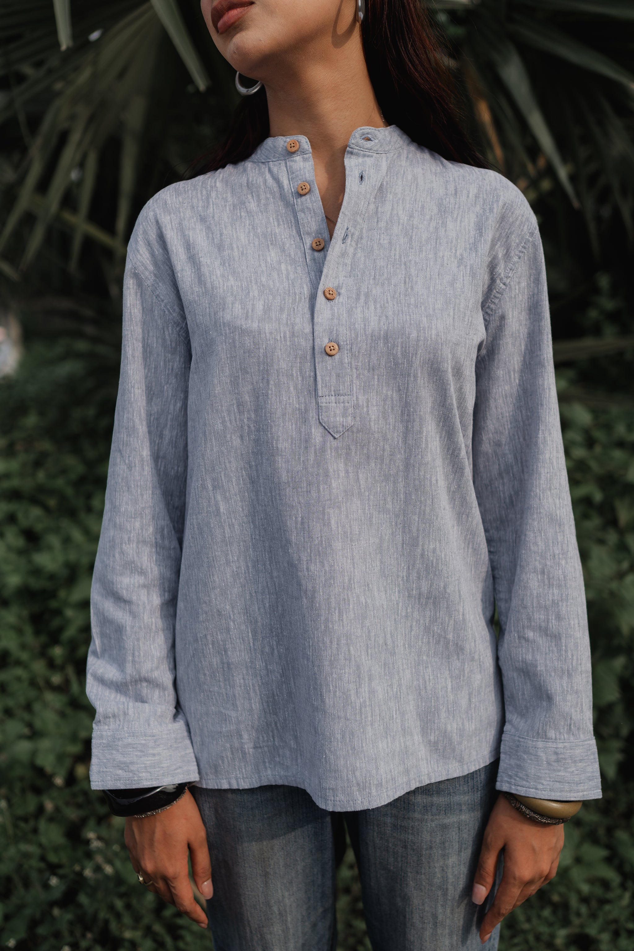 Linen Henley - Katua - Unisex - Dusty Blue Weave