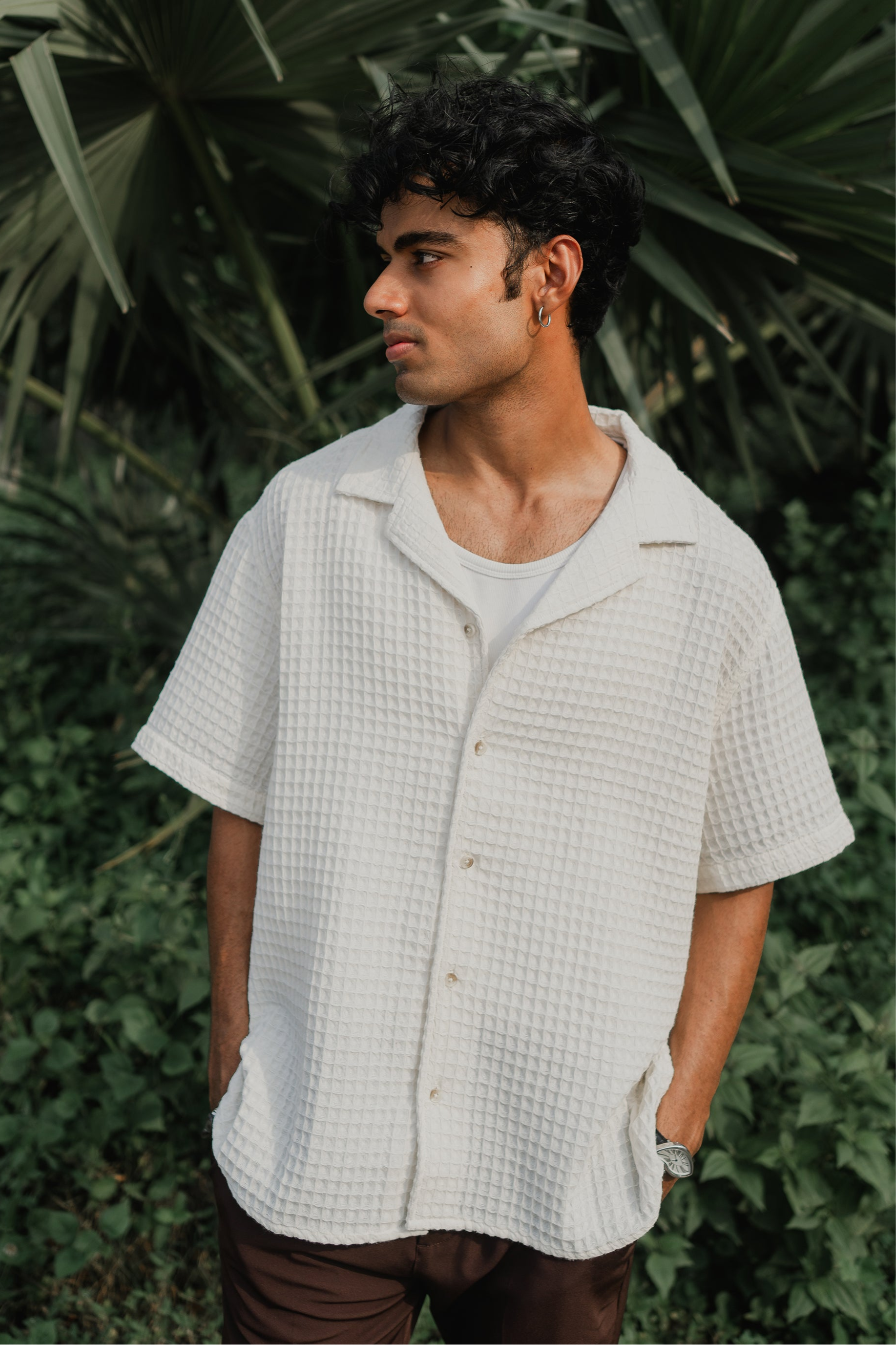 Revere Cuba - Off White Grid Textured Cuba - Revere Shirt For Men