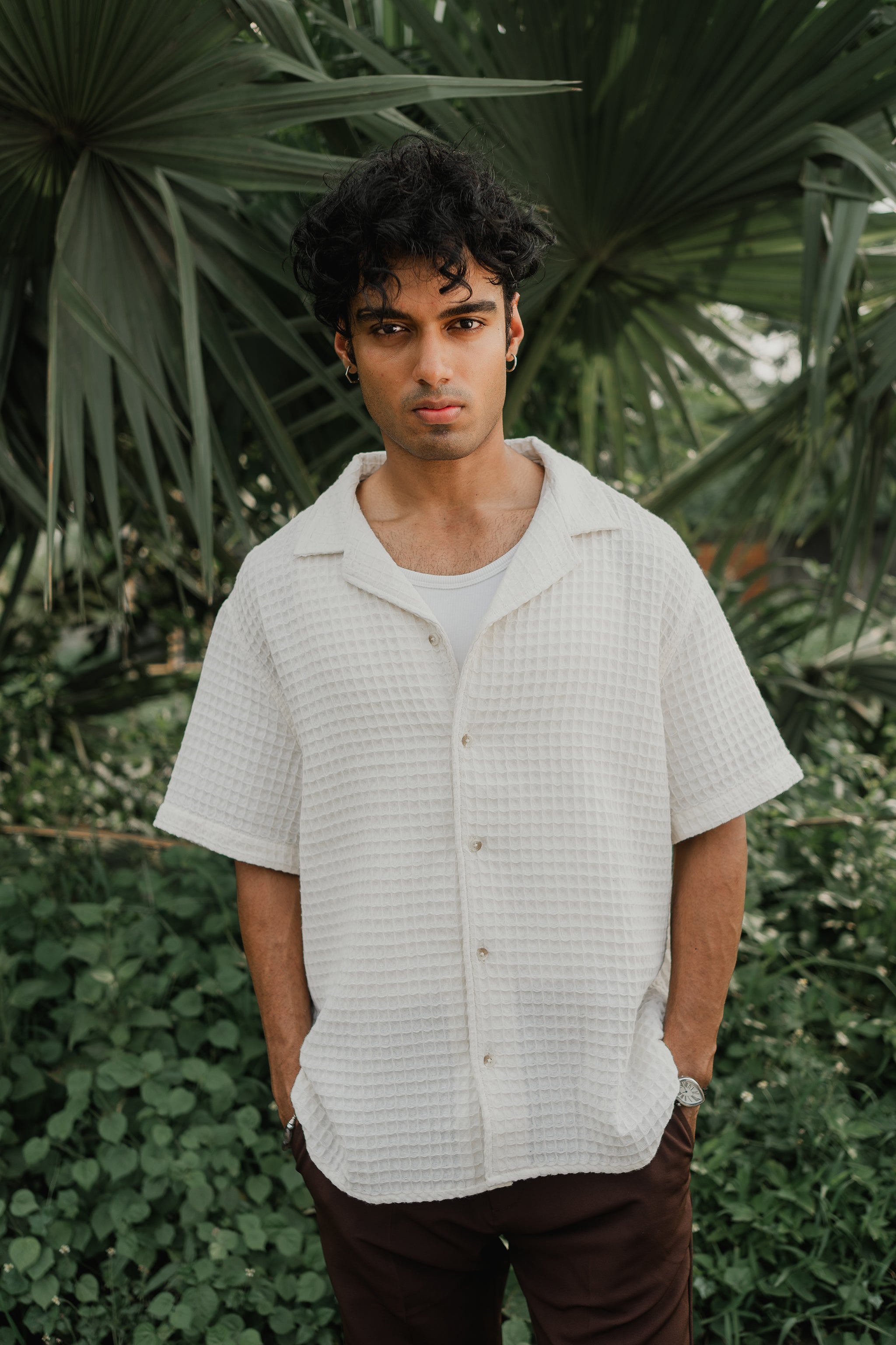 Revere Cuba - Off White Grid Textured Cuba - Revere Shirt For Men