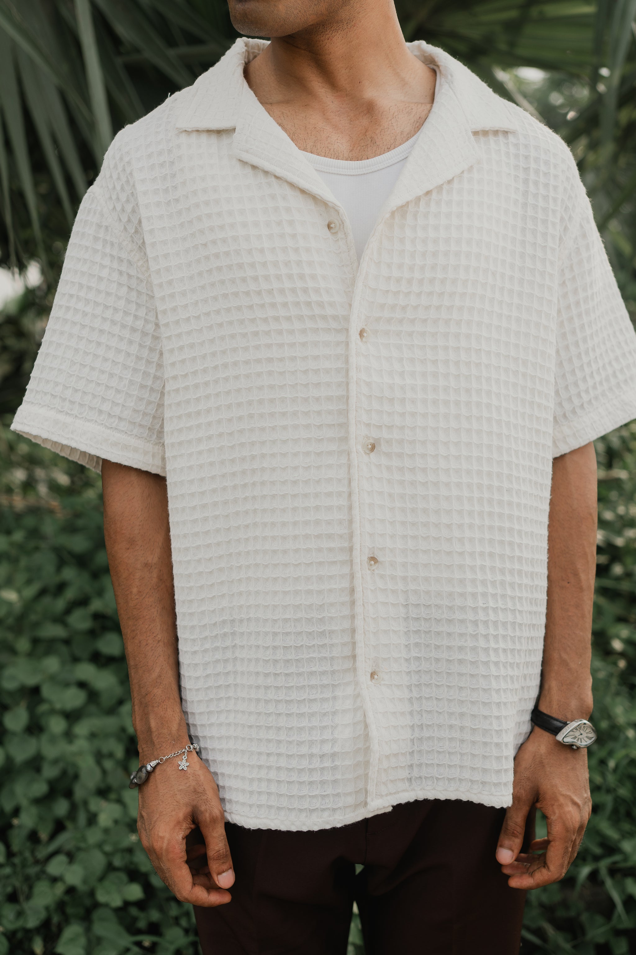 Revere Cuba - Off White Grid Textured Cuba - Revere Shirt For Men