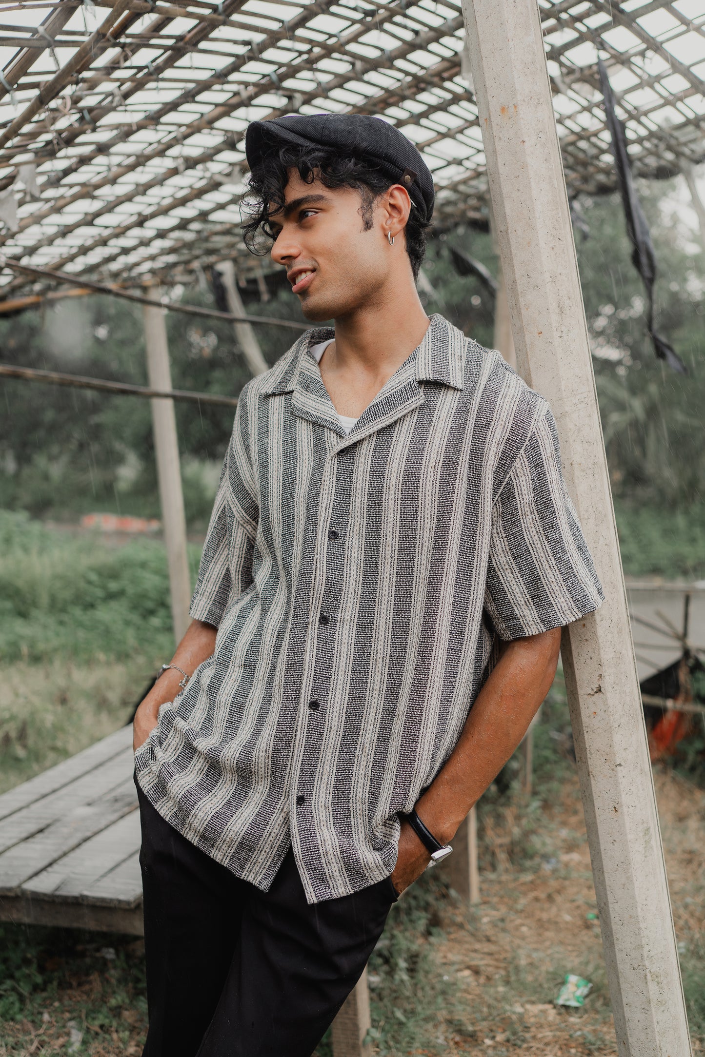 Revere Cuba - Black and Off White Stripe Textured Cuba - Revere Shirt For Men