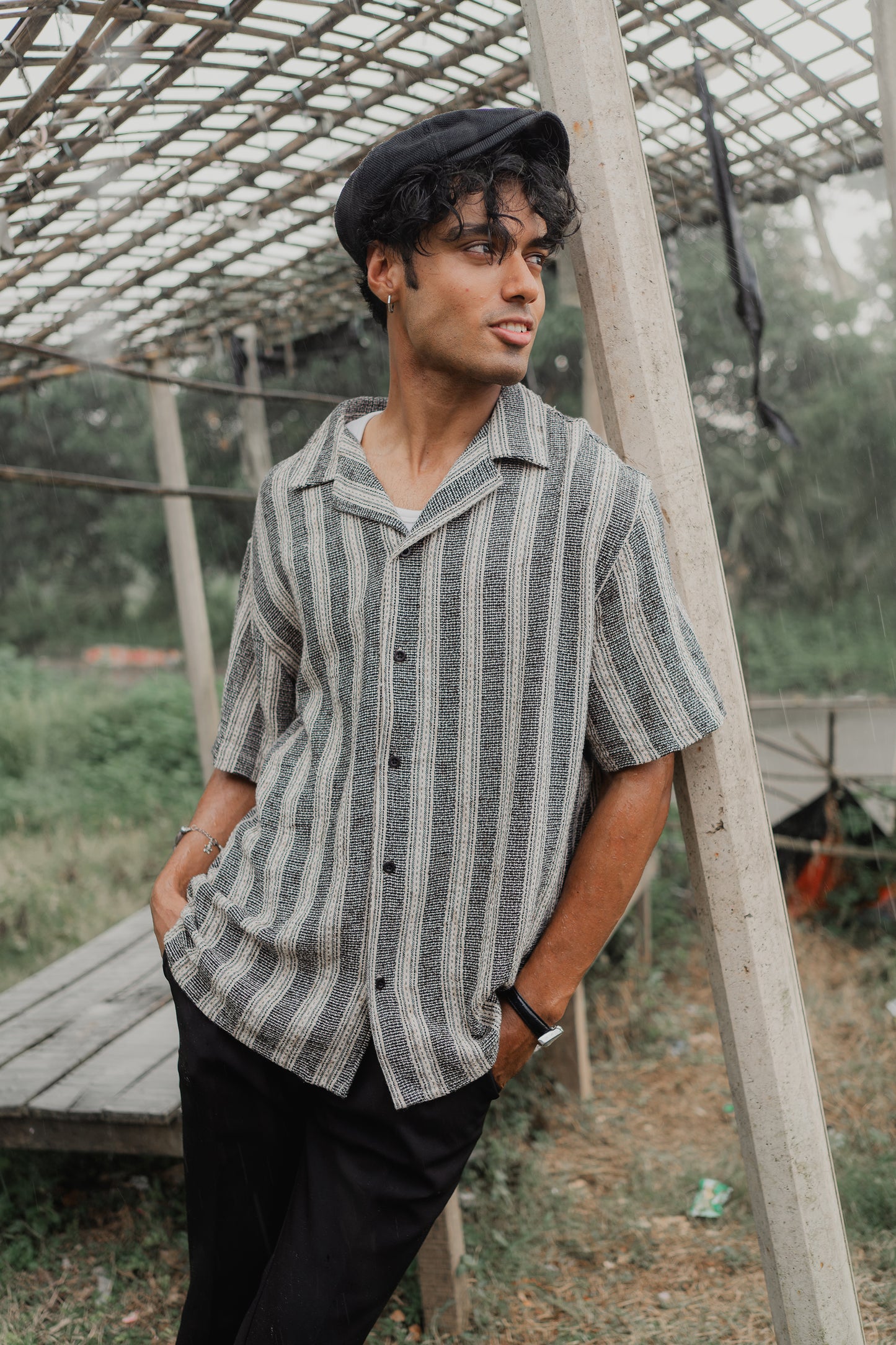 Revere Cuba - Black and Off White Stripe Textured Cuba - Revere Shirt For Men