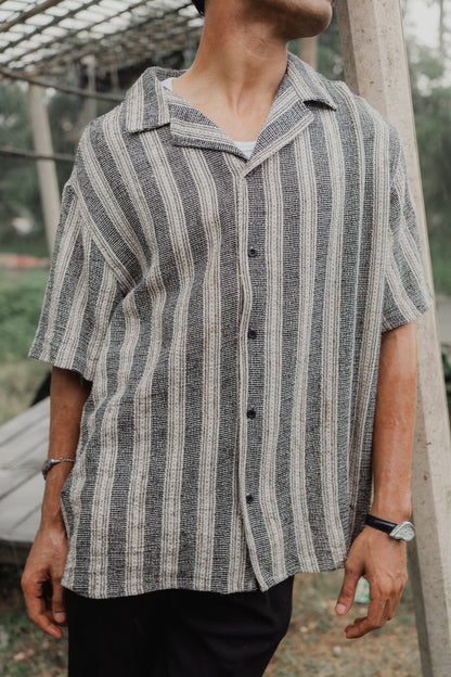 Revere Cuba - Black and Off White Stripe Textured Cuba - Revere Shirt For Men