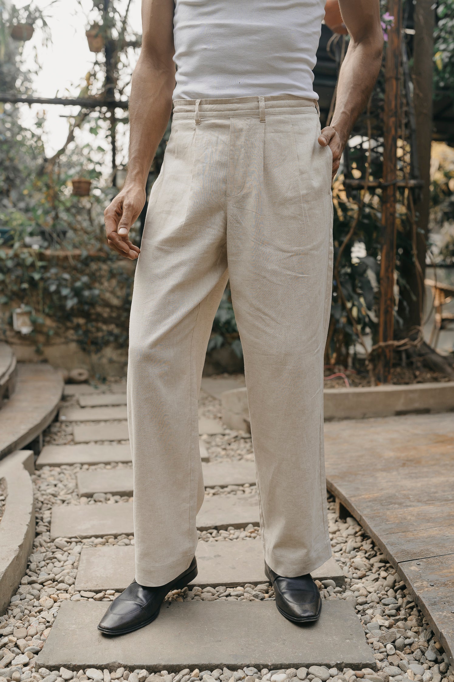 Straight Leg Pleated Linen effect Pants For Men - Sand